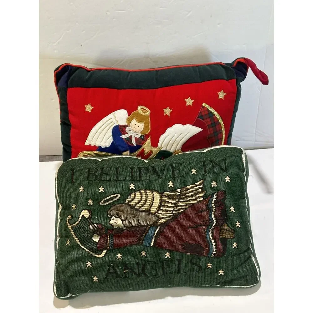 lot of 2 vintage christmas throw pillows red and green I believe in angel + noel